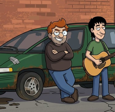 Cartoon of two men standing by a rusty green minivan, one playing an acoustic guitar in an alleyway.