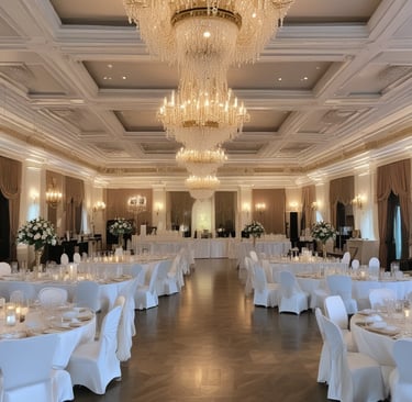 A lively social gathering featuring guests enjoying a beautifully decorated banquet hall.