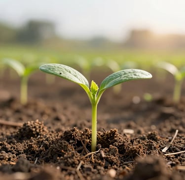 A bright close-up shot of a healthy green crop seedling bursting with life from fertile soil in a sunny modern farm in the South Asian / Indian region, symbolizing rapid germination and growth, warm sunlight casting long soft shadows.