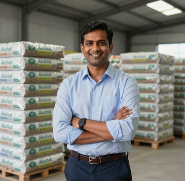 A smiling, successful South Asian / Indian agri-distributor standing proudly in front of a modern agricultural seed warehouse filled with neatly stacked, branded bags of Akshat Agrotech seeds. Crisp daylight, confident corporate atmosphere.