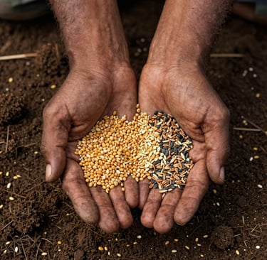 A top-down detailed shot of a South Asian / Indian farmer's cupped hands holding a rich variety of healthy, golden grain seeds and vegetable seeds. The background shows dark, moist, fertile soil, captured in natural bright daylight.