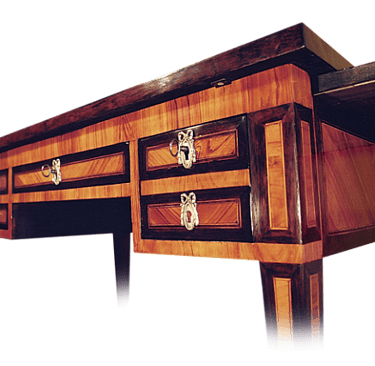Bureau plat ancien en marqueterie de bois précieux, restauré — Atelier l'Am'arante, Île de Ré