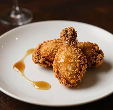Close-up of an artfully plated gourmet appetizer with vibrant colors and delicate garnishes on a cream background.