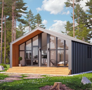 Modern prefab cabin with floor-to-ceiling windows and wood deck in a pine forest.