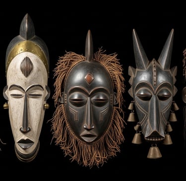 Conjunto de cinco máscaras tribais africanas tradicionais com conchas, miçangas e madeira