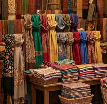 Lenços de pashmina e cashmere tecidos à mão, com padrões tradicionais, expostos em uma loja.