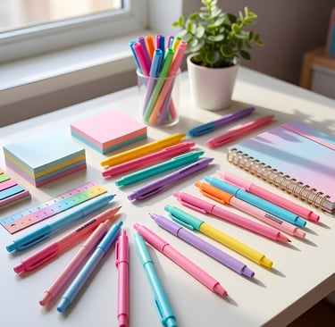 Organized desk setup featuring a rainbow of aesthetic pens and highlighters in a glass jar