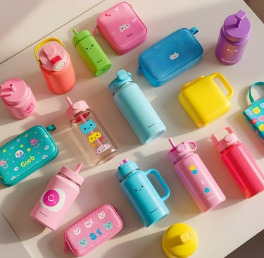 Top-down view of colorful 'Fun Accessories' like mini water bottles and pouches in vibrant pop colors