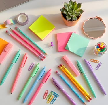 Bright and airy stationery flat lay featuring rainbow-colored pens and sticky notes on a white surface