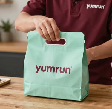 A delivery driver handing over a neatly packed meal to a smiling customer at their doorstep.