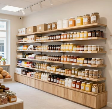 A cozy bakery storefront with fresh bread and pastries displayed invitingly.