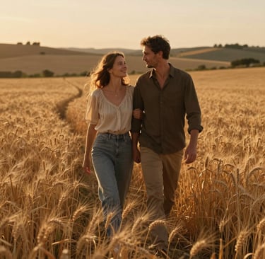 A cinematic lifestyle photograph of a couple walking through a golden wheat field in the Iberian countryside at sunset. The lighting is warm and sun-kissed, with a natural and authentic feel. The composition is intimate, focusing on their shared connection, with soft earth brown and terracotta tones in the landscape.