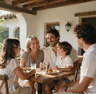 A candid lifestyle shot of a family sharing a joyful moment on a rustic patio with Spanish architectural details. Natural, warm sunlight filters through, creating soft shadows. The atmosphere is elegant and heartfelt, capturing genuine laughter and authentic emotions in a storytelling style.