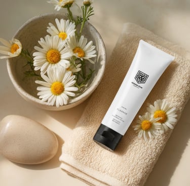 Natural foaming face cleanser tube on a beige towel with fresh chamomile flowers and a smooth stone.