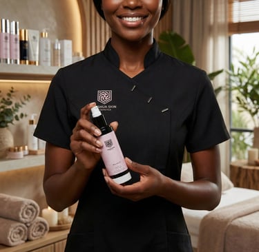 Esthetician in black uniform holding a YESHUA Skin Balance facial skincare bottle in a luxury spa.
