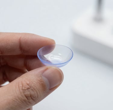 A hand holding a clear blue tinted contact lens for vision correction on a fingertip.