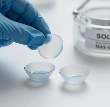A gloved hand holding a medical-grade iridescent contact lens above two lens cases in a sterile lab.