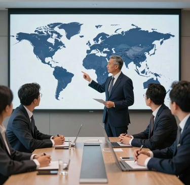 Photography of a modern international board meeting. Professionals in business attire are discussing a global map on a digital screen. Atmosphere of leadership, cooperation, and ethical governance. Dark navy blue and light grey palette.