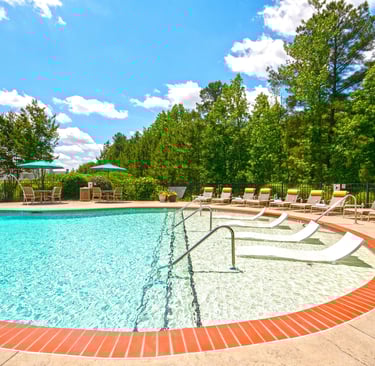 Luxury outdoor swimming pool with sun loungers, tanning ledge, and lush green trees under a blue sky.