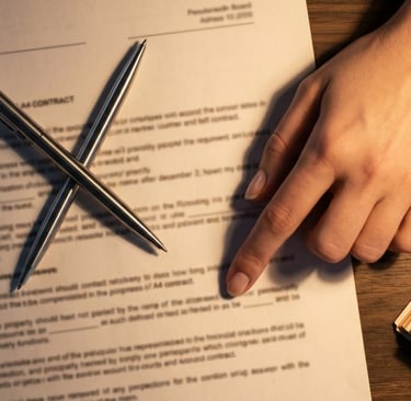 Contrato de arras junto a mano señalando y con dinero al lado