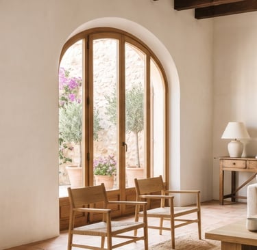 Salón sobrio y luminoso de una vivienda bien conservada, con luz natural entrando por un gran ventanal