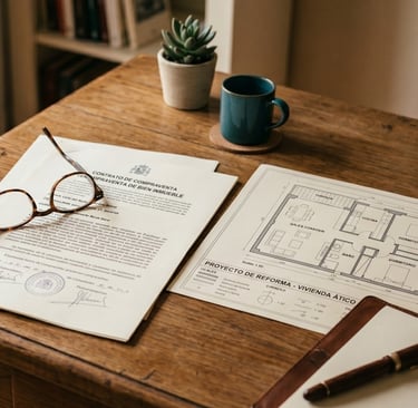 Documentación y plano de una vivienda sobre una mesa de madera