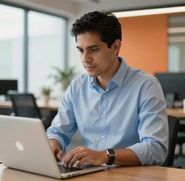 A professional Latin American entrepreneur in a bright, modern office, focused and working on a laptop with a soft orange and blue color palette in the background lighting, high-quality photography.