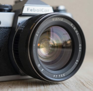 A close-up, artistic shot of a vintage film camera lens reflecting a soft morning light. The composition is clean and premium, focusing on the intricate glass details. The color palette emphasizes sophisticated deep grays (#262626) and soft cream highlights (#F5F0E1), creating a mood of timeless professional artistry.