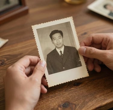 An authentic, candid shot of two hands holding an old photograph over a wooden table. The lighting is warm and nostalgic, capturing the emotional depth of a preserved memory. The image uses earthy tones like tan (#C4B29A) and rich brown (#6F604F) to evoke a sense of presence and history.