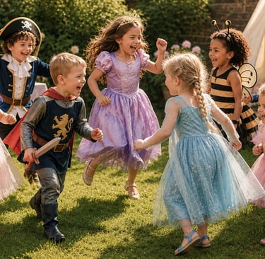 "Happy children in fairy, pirate and superhero costumes enjoying a personalised birthday party in a 