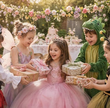 children's birthday party in an English country walled garden with children wearing fancy dress
