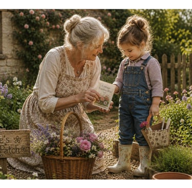 Grandma giving her little granddaughter a packet of flower seeds in her own cottage garden, inspiring a love of gardening