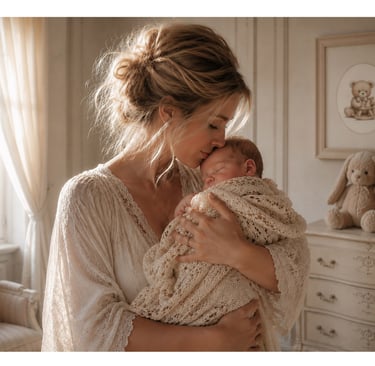 Mother gently kissing her sleeping newborn in a cosy nursery with teddy bear wall art, a safe, warm and deeply loved space.