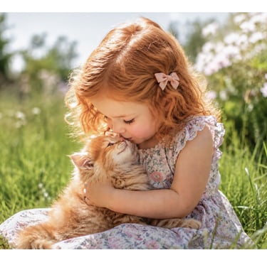 Little girl cuddling a fluffy ginger kitten in a sunny meadow, celebrating kindness and a love of animals.