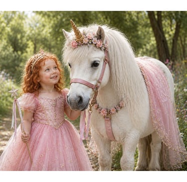 Little girl dressed as a princess beside her unicorn pony in a magical woodland, inspiring imagination and childhood wonder.