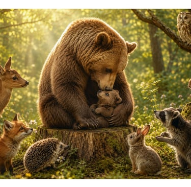 Mama bear cuddles her tiny cub in a forest glade watched by animals, celebrating the gentle beauty of  a mother's love