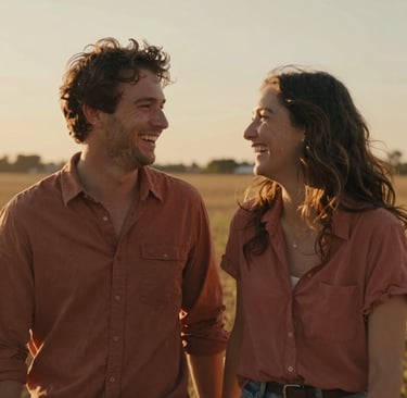 A cinematic, sun-drenched photography shot of a North American / US couple sharing a candid laugh in a golden hour field. The lighting is warm and authentic, highlighting soft sand and muted terracotta tones in their clothing and the environment. Shallow depth of field creates a professional, emotional atmosphere.