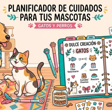 Pet care planner Planificador de cuidados para gatos y perros con un golden retriever, una gata