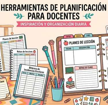 Herramientas de planificación para docentes con agendas, planes de lección y organizadores escolares.