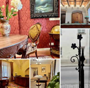 a collage of pictures of a room with a table and chairs