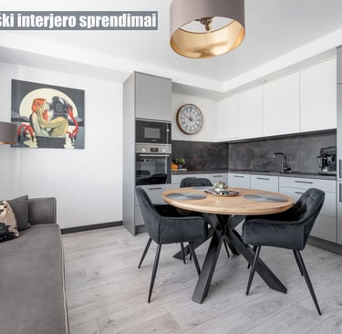 a kitchen with a table and chairs and a clock