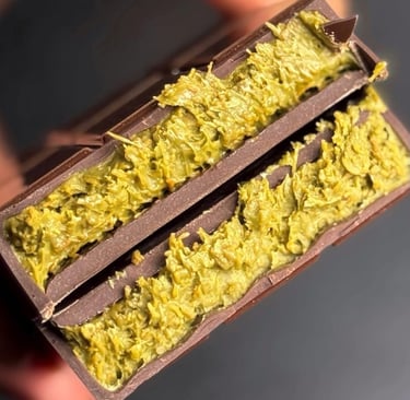 Viral Dubai chocolate bar filled with crunchy pistachio kunafa and creamy tahini paste.