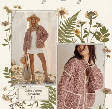 Comparison of a floral print Chloe jacket from Amazon and Free People in a boho style fashion collage.