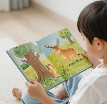 a child holding a book open reading a story picture book