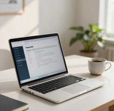 A high-quality, professional photograph of a modern, clean desk setup in Colombia. A sleek metal laptop is open, showing a clean interface, with a ceramic coffee cup and a green plant nearby. Warm, natural light fills the bright room, giving a welcoming and professional atmosphere of a remote home office. Style is clean, editorial, with soft blue and white accents, perfectly suited for a remote work hub.