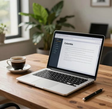 A professional and welcoming home office setup in Colombia, featuring a modern laptop open with a clean dashboard on screen, a cup of Colombian coffee on a wooden desk, warm natural light streaming through a window with lush green plants in the background, clean editorial photography, high-end, soft lighting.