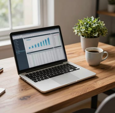 A professional photography shot of a modern home office desk in Colombia. A sleek metal laptop sits on a clean wood table showing professional digital finance graphics. Next to it, a ceramic cup of fresh coffee and a soft green potted plant. Natural morning light coming from a side window, providing a warm and encouraging remote-work aesthetic.