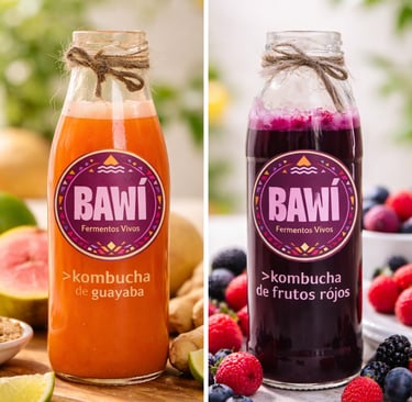 Dos frascos de kombucha de frutos rojos y guayaba de la marca Bawí.