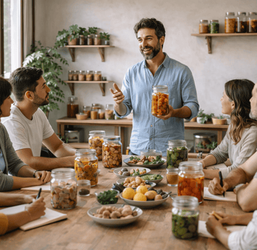 Un hombre compartiendo un taller de fermentos a un grupo de alumnos. 