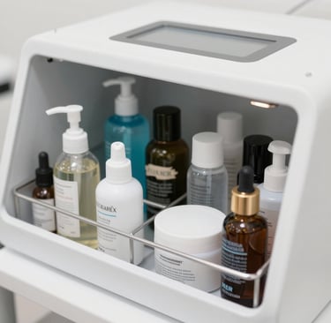 Close-up of a stability testing chamber with various cosmetic products inside.